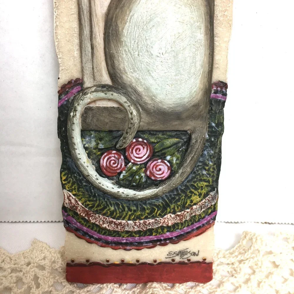 * Vintage E. Smithson 3D Wall Plaque Panel Whimsical Folk Art grey tabby 3